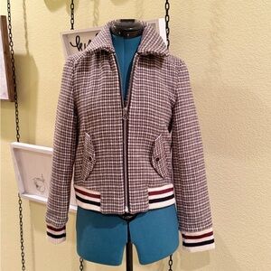 J.O.A. Women's Houndstooth Bomber Jacket w/zipper & pockets -brown and beige